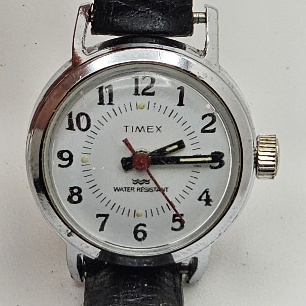 Vintage Timex Women's Automatic Manual Wind White Dial Black Leather Working
